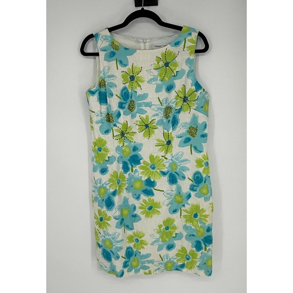 Coldwater Creek Petite Dress 12 Linen Rayon Turquoise Lime Green Floral Beaded